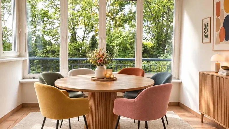 Heller Essbereich mit modernem Holztisch, farbigen Stühlen und Blick ins Grüne durch große Fenster.