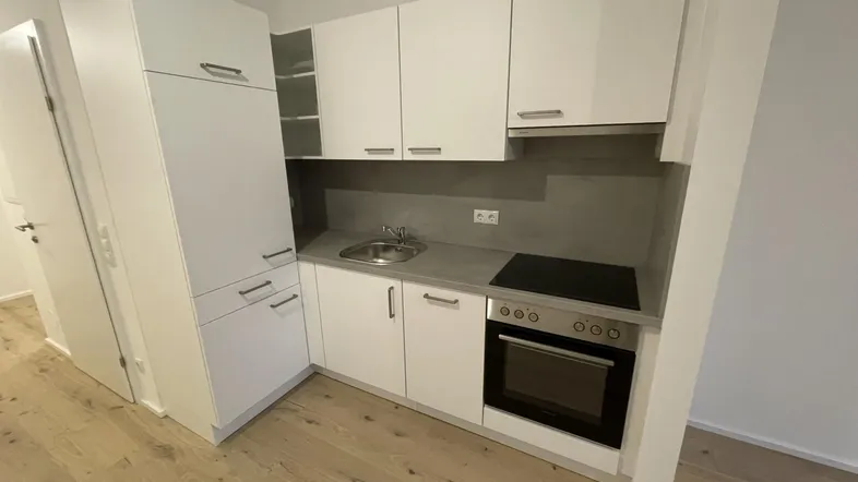 Moderne Einbauküche mit weißen Schränken, integriertem Backofen und Kochfeld in einem hellen Raum.