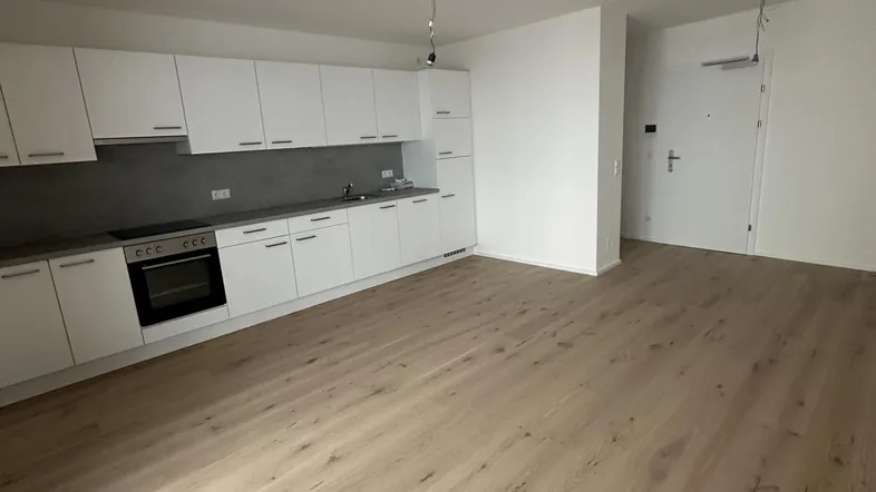 Moderne Einbauküche in einem offenen Wohnbereich mit hellem Holzfußboden und weißen Wänden.