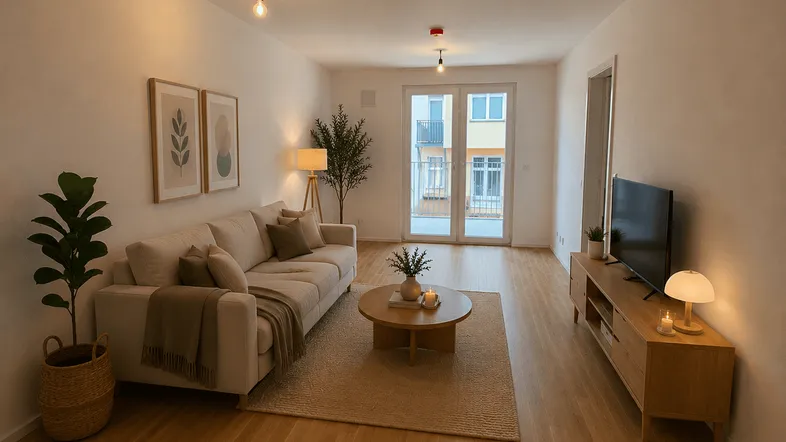Modern eingerichtetes Wohnzimmer mit hellem Parkettboden und Zugang zum Balkon.