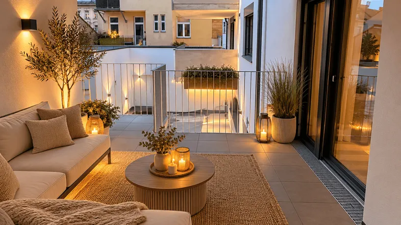 Gemütlicher Balkon am Abend mit bequemen Möbeln, stimmungsvoller Beleuchtung und Blick auf den Innenhof.