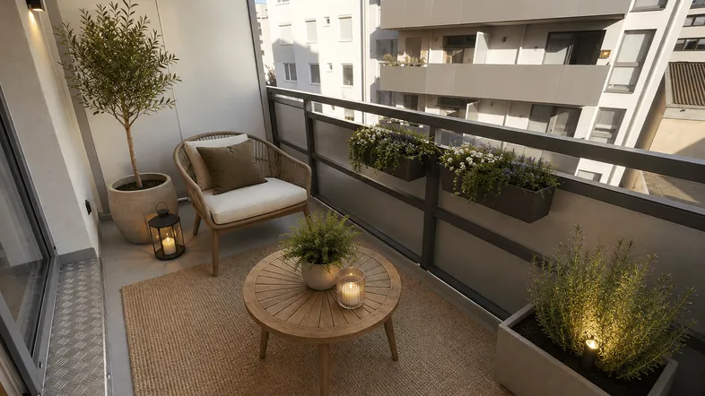 Gemütlicher Balkon mit Sitzgelegenheiten, Pflanzen und Blick auf die umliegenden Gebäude.