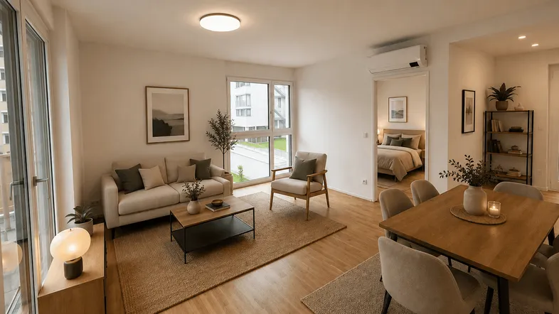Helles, modern eingerichtetes Wohn-Esszimmer mit Holzboden, Zugang zum Balkon und Blick ins Grüne.
