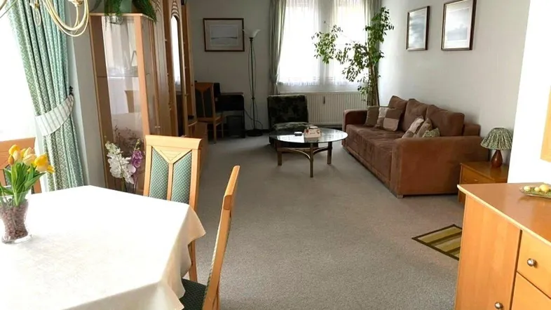 Gemütlicher Wohn- und Essbereich mit Teppichboden, bequemer Couch und traditionellen Holzmöbeln.