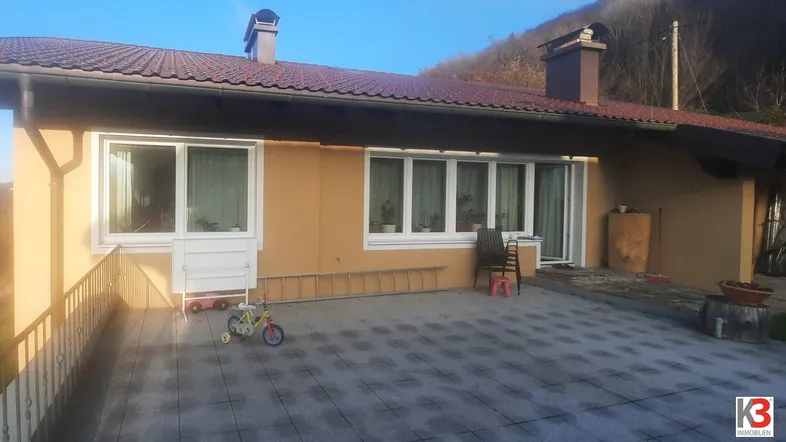 Große gepflasterte Terrasse vor dem Haus mit Blick auf die grüne Umgebung.