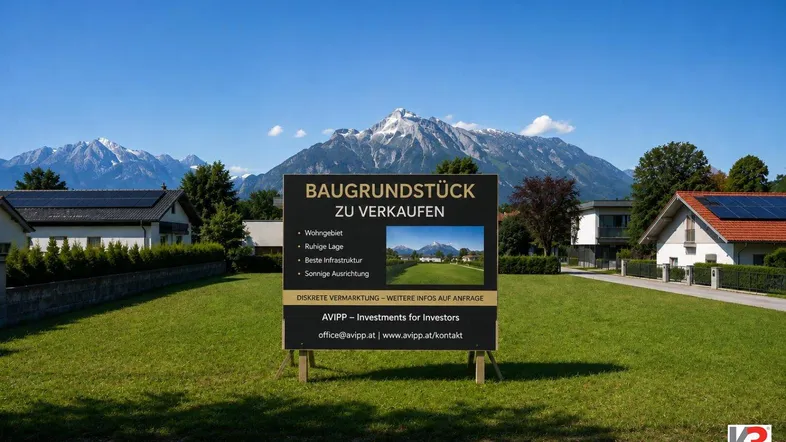 Baugrundstück mit Bergblick und sonniger Ausrichtung, umgeben von Einfamilienhäusern mit Photovoltaikanlagen.