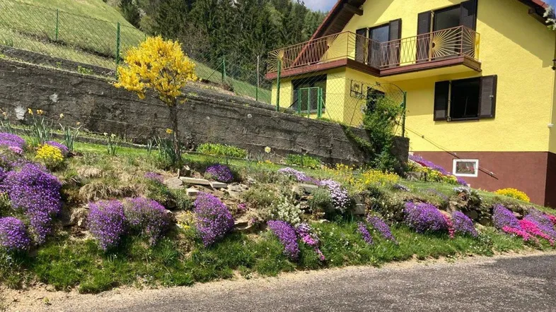 Gelbes Haus mit Balkon, blühendem Vorgarten und Blick auf bewaldete Hügel.