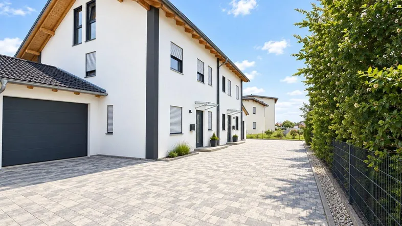 Modernes Reihenhaus mit weißer Fassade, dunklem Garagentor und gepflasterter Einfahrt.