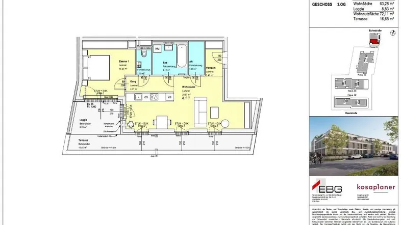 Detaillierter Grundriss einer modernen Wohnung mit offenem Wohnbereich, Loggia und Terrasse.