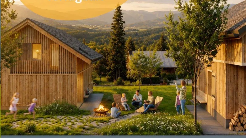 Gemütlicher Außenbereich zwischen Holzhäusern mit Feuerstelle und Blick auf die umliegende Berglandschaft.