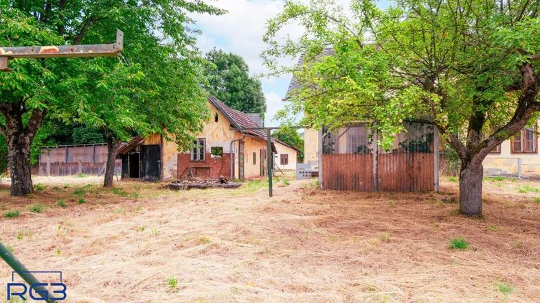 Ländliches Anwesen mit mehreren Gebäuden und altem Baumbestand in naturbelassener Umgebung.