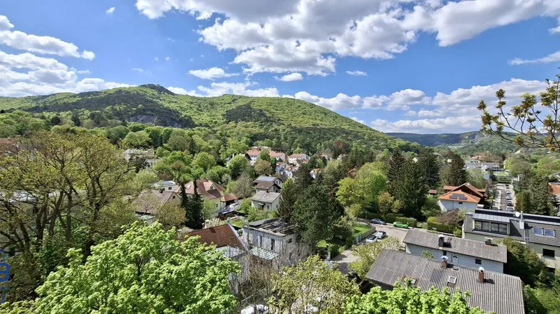 Panoramablick über eine grüne Hügellandschaft mit verstreuten Häusern unter blauem Himmel.