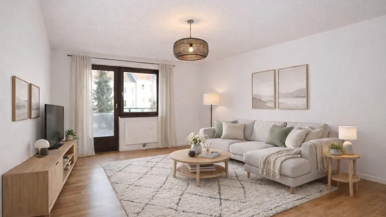 Helles Wohnzimmer mit modernem Sofa, Holzboden und Zugang zum Balkon.
