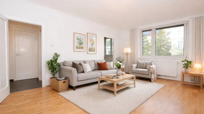 Helles Wohnzimmer mit modernem Sofa, Holzboden und Blick ins Grüne durch große Fenster.