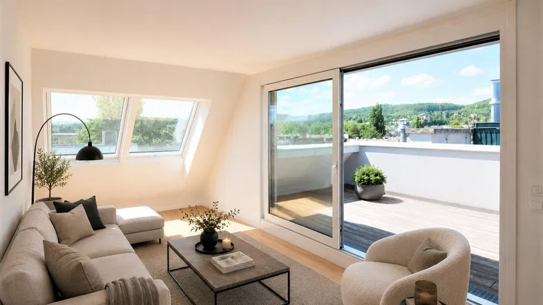 Helles Wohnzimmer mit Holzboden, Dachfenstern und Zugang zu einer großen Dachterrasse.