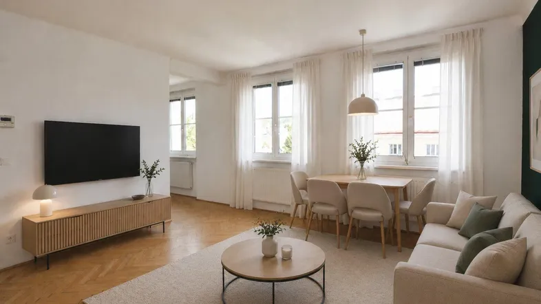 Helles Wohn- und Esszimmer mit Parkettboden, modernen Möbeln und großen Fenstern.