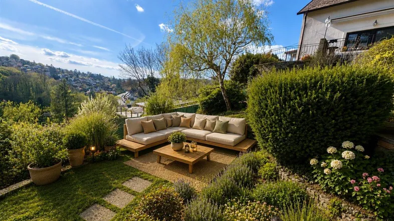 Gemütliche Sitzecke im Garten mit bequemen Outdoor-Möbeln und Blick auf die grüne Umgebung unter blauem Himmel.