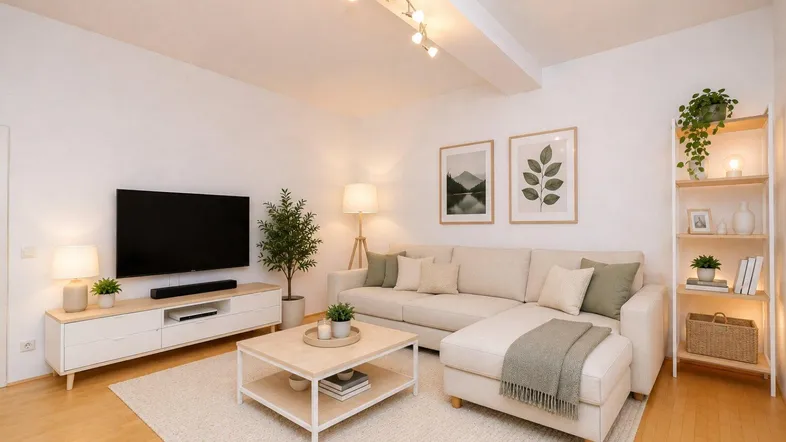 Helles, modern eingerichtetes Wohnzimmer mit beigem Sofa, Holzboden und minimalistischer Dekoration.