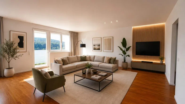 Helles Wohnzimmer mit modernem Sofa, Holzboden und Blick auf den See.