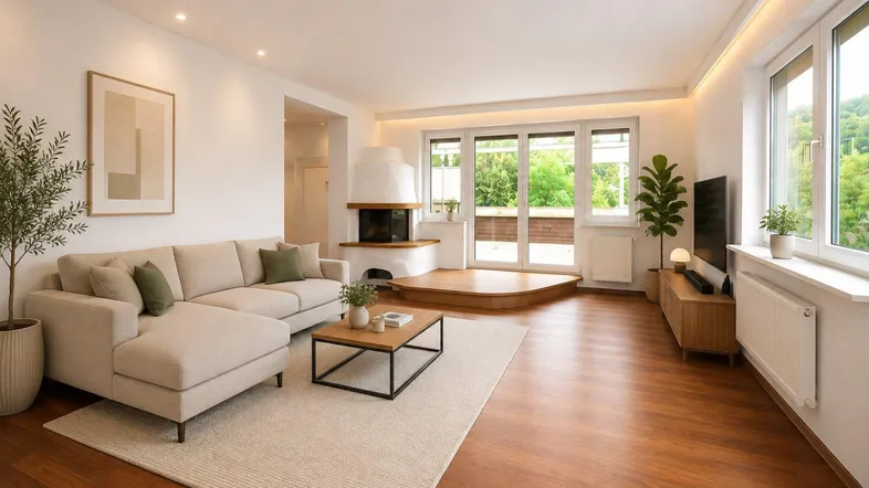 Helles, modern eingerichtetes Wohnzimmer mit Kamin, Holzboden und Zugang zur Terrasse.