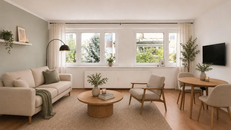 Helles Wohn- und Esszimmer mit Parkettboden, modernen Möbeln und Blick ins Grüne.