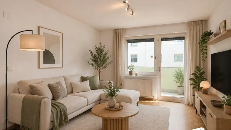 Helles Wohnzimmer mit modernem Sofa, Holzboden und Zugang zum Balkon.