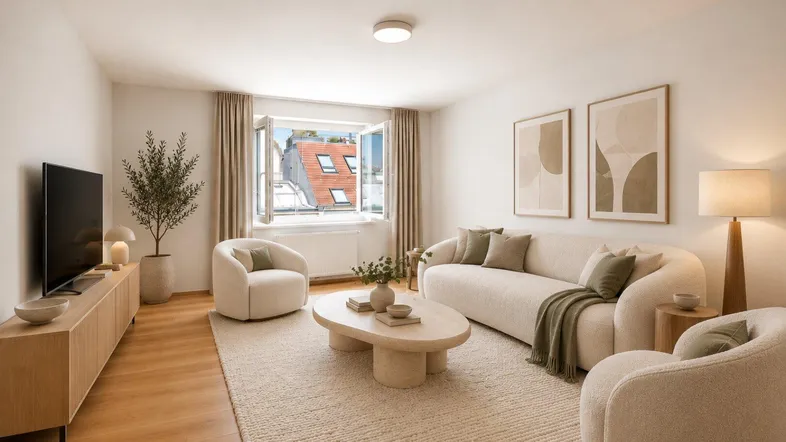 Helles, modern eingerichtetes Wohnzimmer mit beigem Teppich, Holzboden und Blick auf die Dächer.