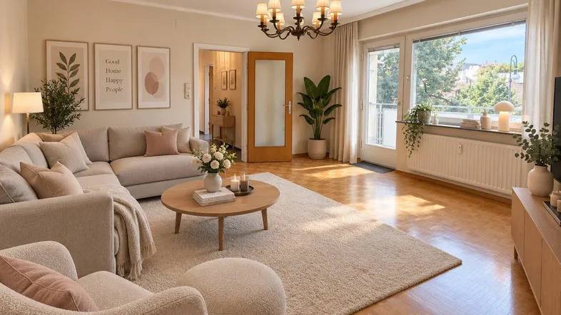 Helles, modern eingerichtetes Wohnzimmer mit Parkettboden, großem Fenster und Zugang zum Balkon.