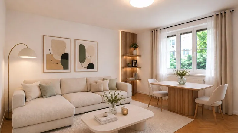 Modernes Wohnzimmer mit beigem Ecksofa, Esstisch und Parkettboden, hell und freundlich eingerichtet.