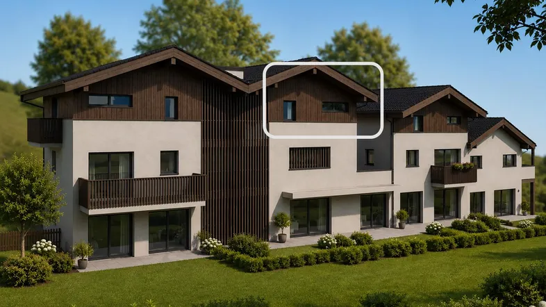 Moderne Wohnanlage mit alpiner Architektur und gepflegter Grünfläche, umgeben von Bäumen.