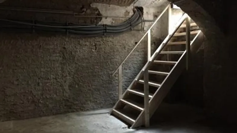 Dunkler Kellerraum mit Gewölbedecke, rauen Steinwänden und einer einfachen Holztreppe, die nach oben führt.