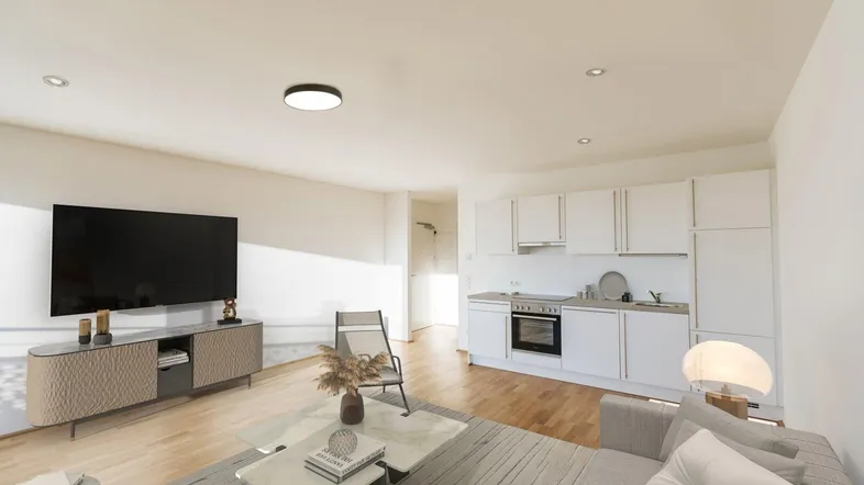 Modernes, virtuell inszeniertes Wohnzimmer mit integrierter Küchenzeile und Holzboden.