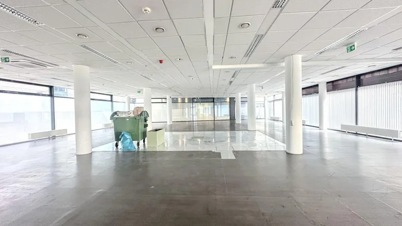 Großer, leerer Gewerberaum mit vielen Fenstern, Säulen und abgehängter Decke, bereit für den Ausbau.