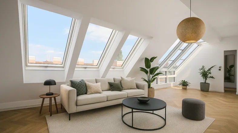 Helles Wohnzimmer im Dachgeschoss mit großen Dachfenstern, Holzboden und moderner Einrichtung.