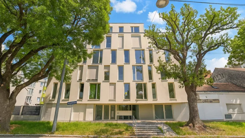 Modernes Mehrfamilienhaus mit vielen Fenstern und Rollläden, umgeben von großen Bäumen unter blauem Himmel.