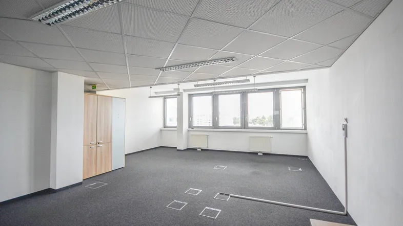 Geräumiges Büro mit Teppichboden, abgehängter Decke und großen Fenstern für viel Tageslicht.