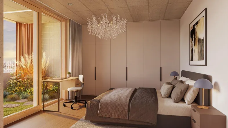 Modernes Schlafzimmer mit Holzboden, Einbauschränken und Zugang zu einem begrünten Außenbereich.