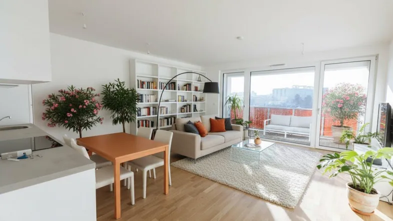 Helles, offenes Wohn-Esszimmer mit Parkettboden, Bücherregal und Zugang zu einem sonnigen Balkon.