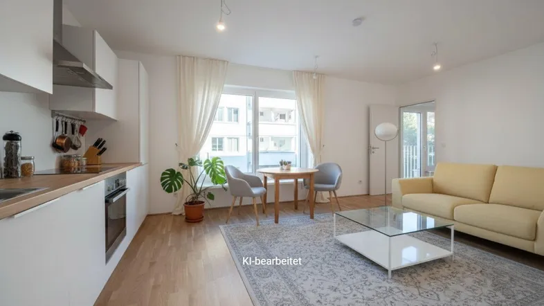 Heller offener Wohn- und Essbereich mit integrierter Küche, Parkettboden und Zugang zum Balkon.