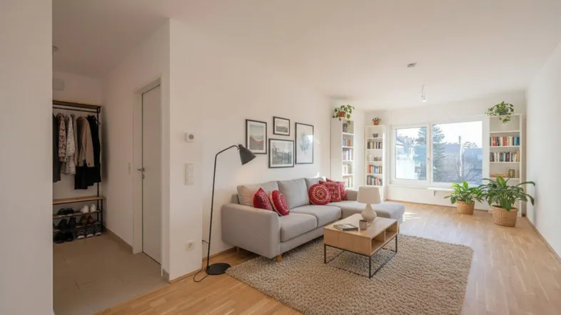 Helles Wohnzimmer mit modernem Sofa, Bücherregalen und Blick ins Grüne, verbunden mit einem offenen Garderobenbereich.
