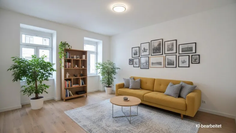 Helles Wohnzimmer mit gelbem Sofa, Holzboden und dekorativen Pflanzen, modern eingerichtet.