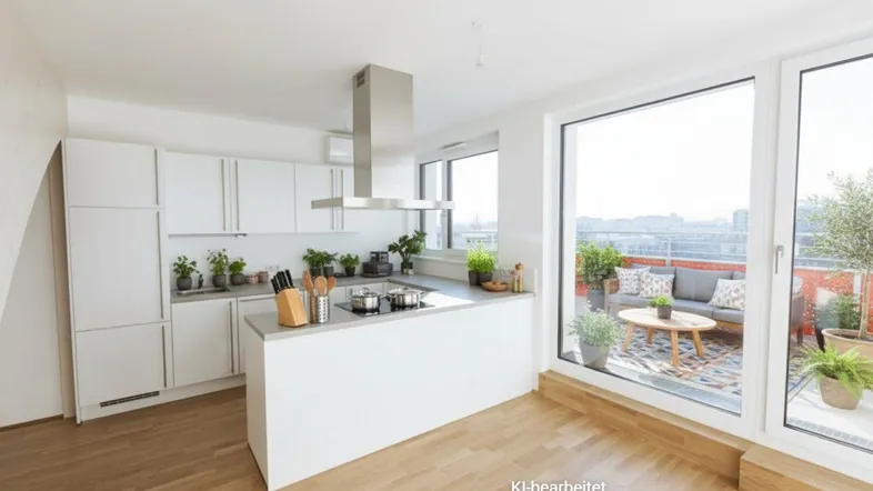 Moderne Küche mit weißen Schränken, Kochinsel und großen Fenstern mit Blick auf eine möblierte Terrasse.