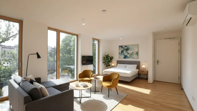 Helles, modernes Wohnzimmer mit großen Fenstern, Holzboden und integriertem Schlafbereich.