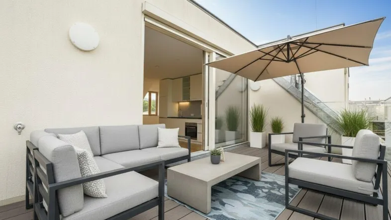 Geräumige Dachterrasse mit modernen Loungemöbeln und Sonnenschirm, ideal zum Entspannen im Freien.