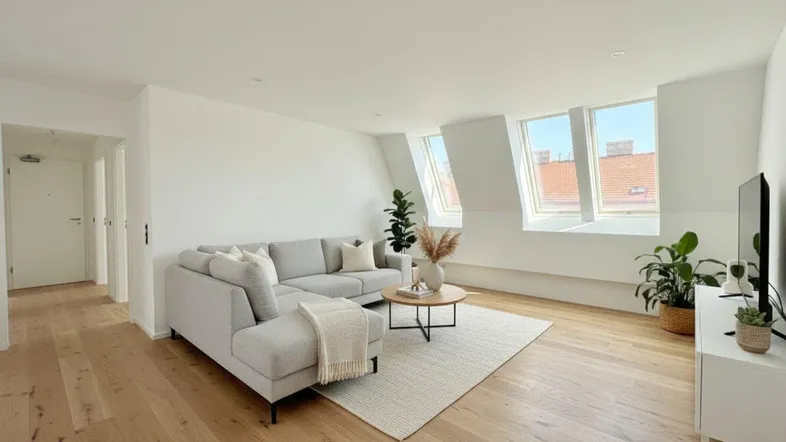 Helles Wohnzimmer mit modernem Sofa, Holzboden und Dachfenstern, die viel Licht hereinlassen.