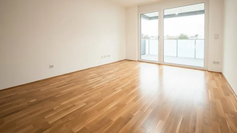 Helles Zimmer mit Parkettboden und Zugang zu einem Balkon, ideal als Wohn- oder Schlafbereich.