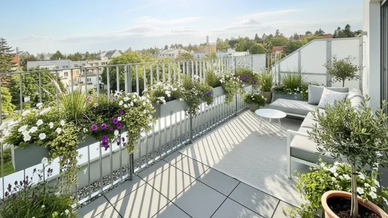 Große, sonnige Terrasse mit bequemen Gartenmöbeln, Pflanzen und weitem Stadtblick.