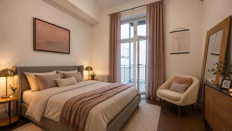 Gemütliches Schlafzimmer mit Doppelbett, Nachttischen und direktem Zugang zum Balkon. Hohe Decken und viel Tageslicht.