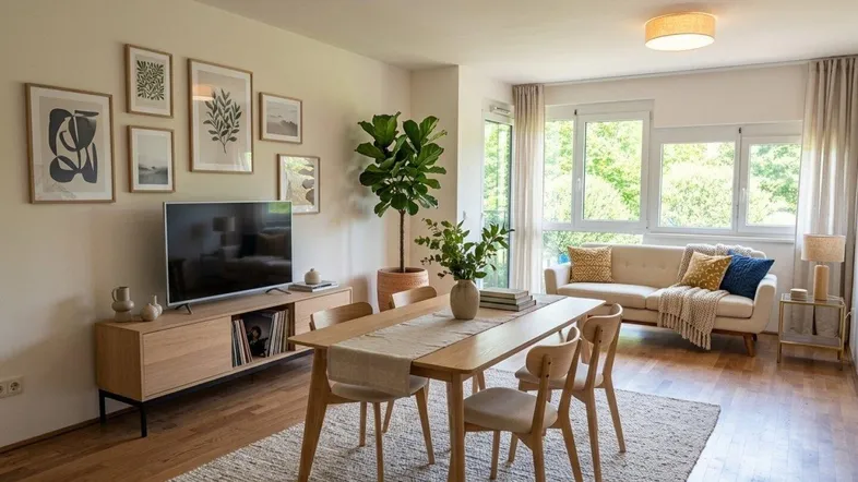 Helles Wohn- und Esszimmer mit Holzboden, modernen Möbeln und großen Fenstern mit Grünblick.