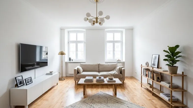 Helles Wohnzimmer mit modernem Sofa, Holzboden und Stuckdecke, ideal für entspannte Abende.